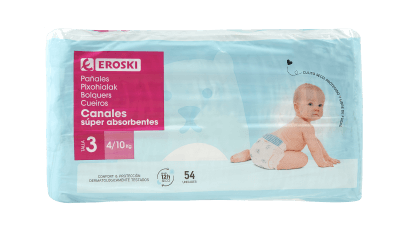 Pañal tubos absorbentes 4-9 kg Talla 3 EROSKI, paquete 54 uds.