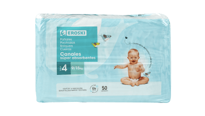 Pañal tubos absorbentes 9-15 kg Talla 4 EROSKI, paquete 50 uds.