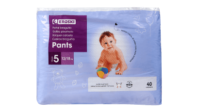 5 neurriko EROSKI pants pixoihala, 12-18 kg, xurgatze-kanalduna, 40 aleko paketea.