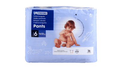 Pants canales absorbentes 16-22 kg Talla6 EROSKI paquete 36 uds.