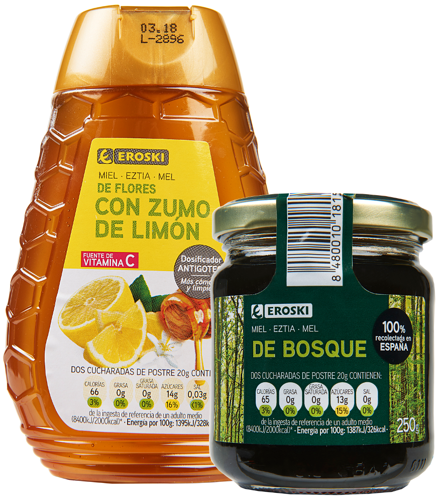 Mieles EROSKI, de bosque y con zumo de limón, muy dulces, muy sanas EROSKI