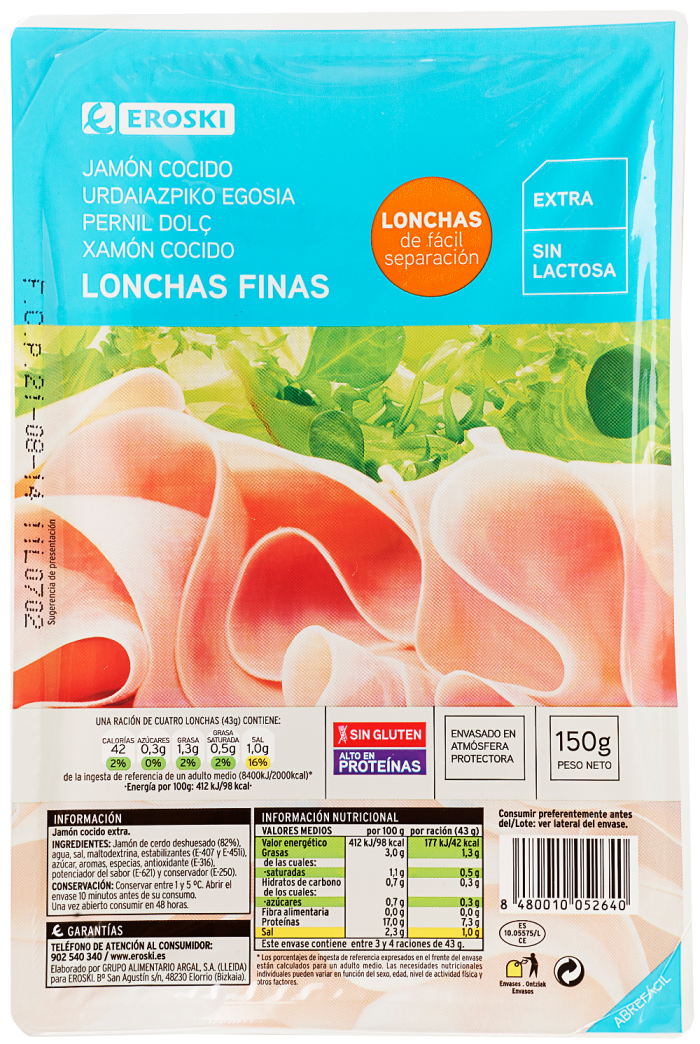 Lonchas finas de jamón cocido EROSKI