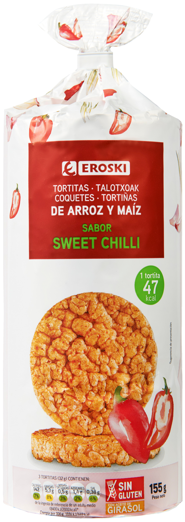 Tortitas de arroz y maíz EROSKI sabor sweet chili