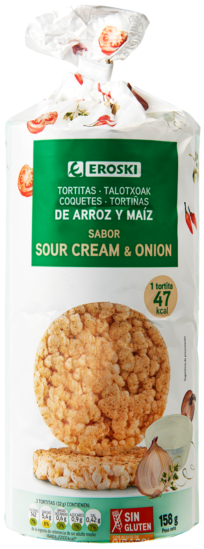 Tortitas de arroz y maíz EROSKI sabor sour cream & onion