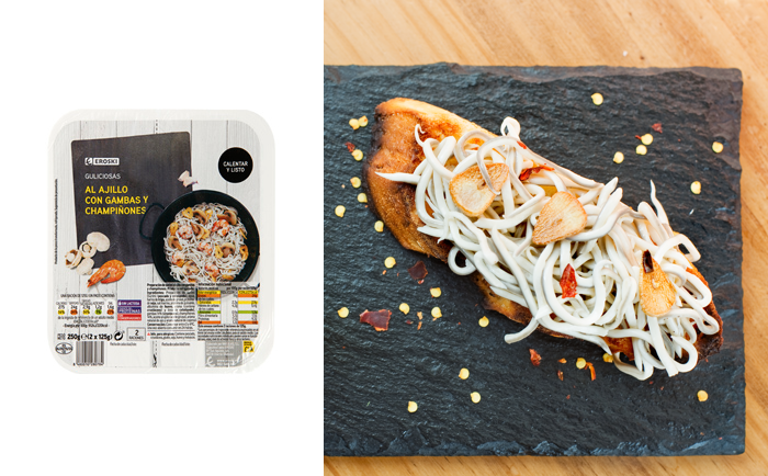 Nuevas gulas Guliciosas al ajillo con gambas y champiñones EROSKI