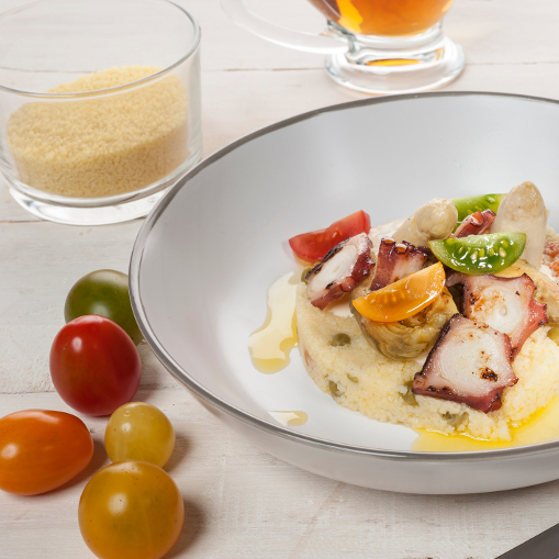 COUS COUS CON VEGETALES, PULPO Y VINAGRETA DE JEREZ