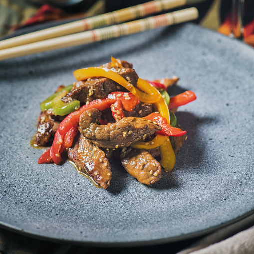 Wok de ternera  gallega con pimientos