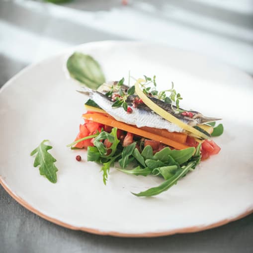Timbal de anchoas marinadas con cítricos y falso escabeche de verduras