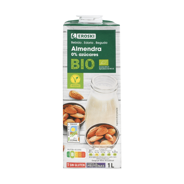 EROSKI bio Bebida de almendra, brik 1 litro