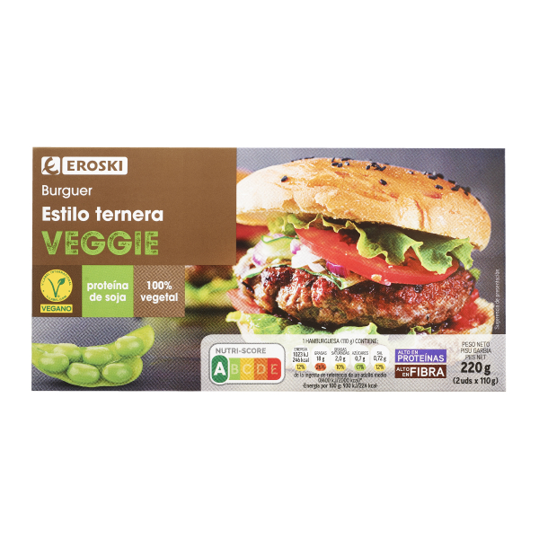 EROSKI veggie Hamburguesa estilo ternera vegana, caja 220 g