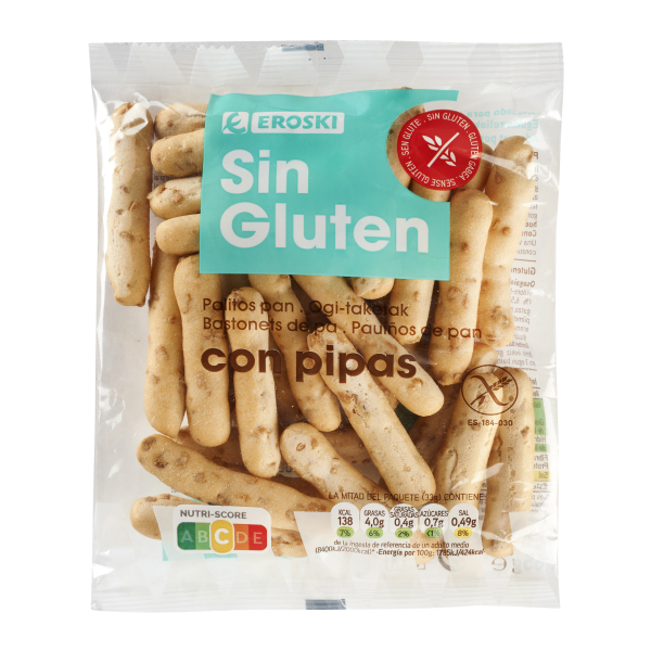 EROSKI sin gluten Palitos de pipas, bolsa 65 g