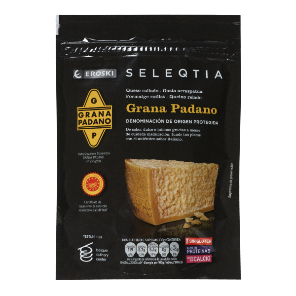 EROSKI seleqtia Queso rallado Grana Padano, bolsa 100 g