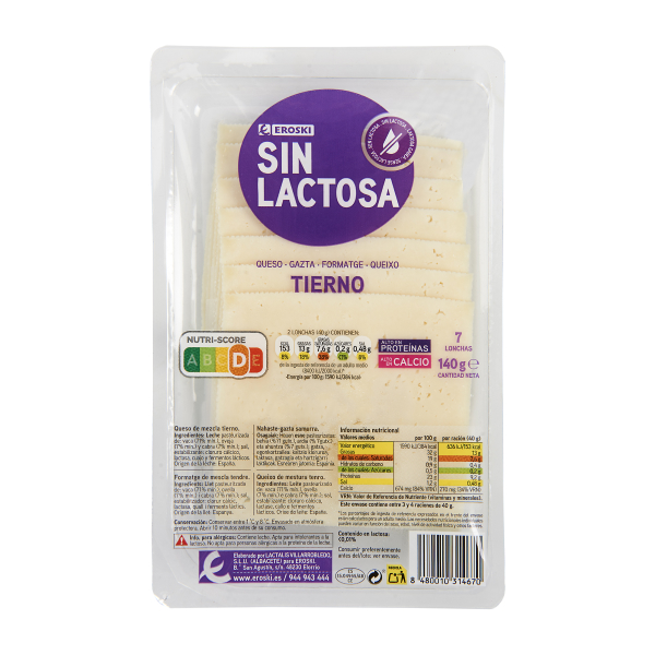 EROSKI Queso tierno sin lactosa, lonchas, bandeja 140 g