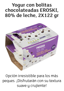 Yogur con bolitas chocolateadas EROSKI, 80% de leche, 2X122 gr