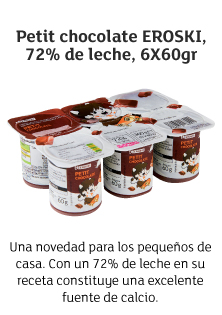 Petit chocolate EROSKI, 72% de leche, 6X60gr